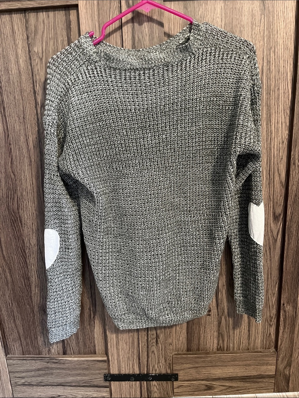 Women's Gray Crewneck Sweater with White Heart Elbow Patches